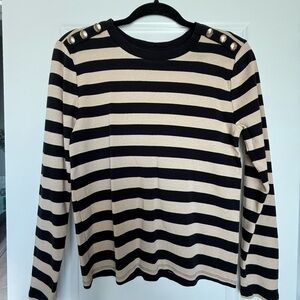 Rafaella Black and Cream Striped Crewneck Top with Shoulder Buttons